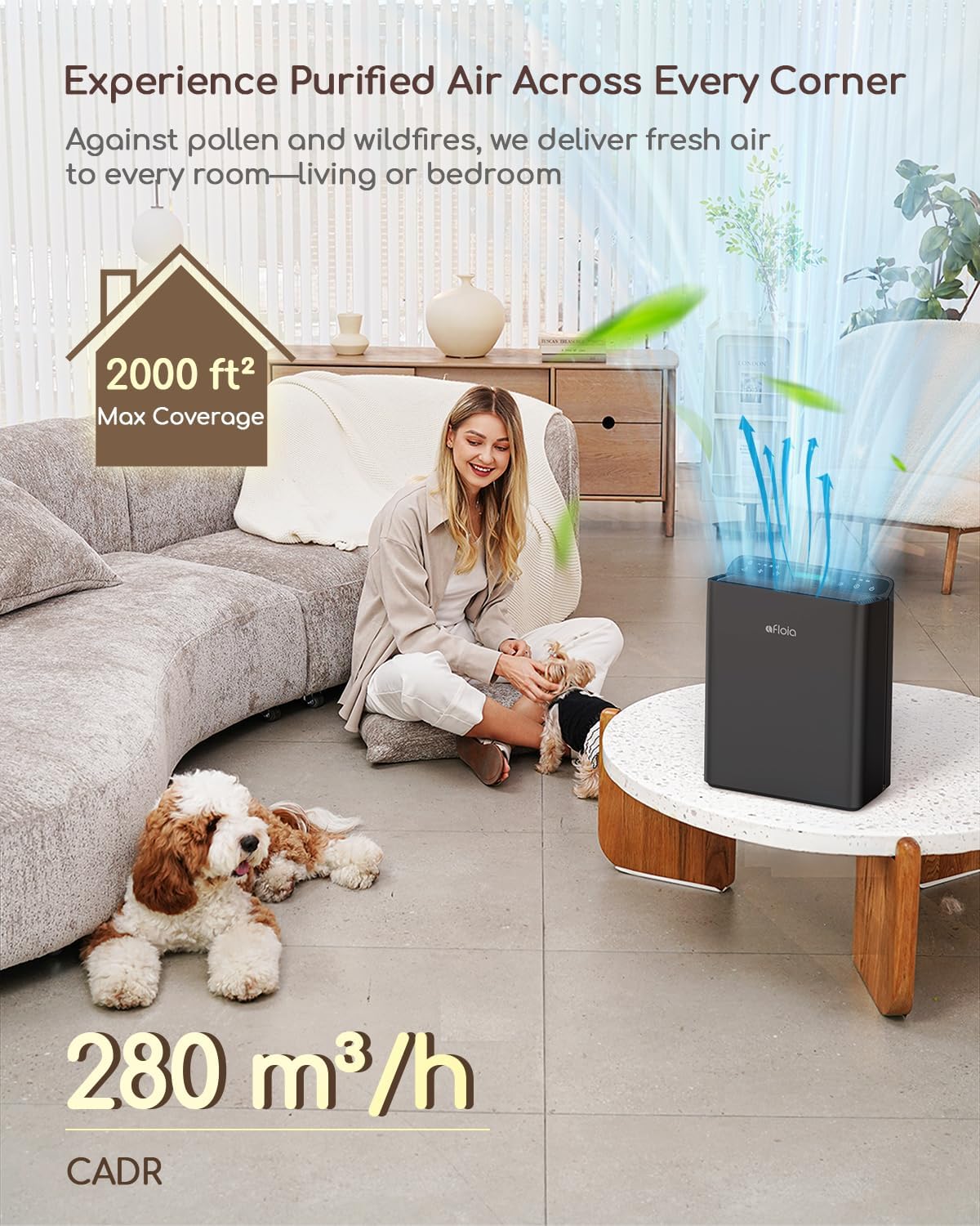 Afloia Air Purifier for Home Large Room Bedroom Up to 2000Ft² with PM2.5 Air Quality Monitor Smart Auto Mode, Washable Pre Filter Cleaner for Pet, Black