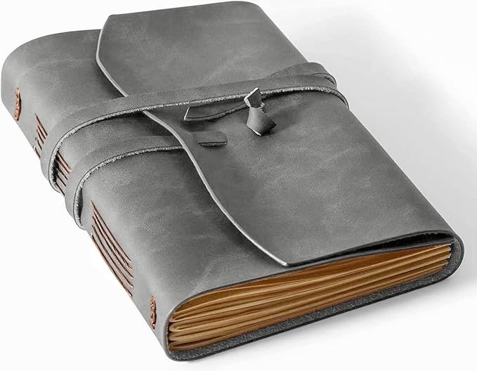 Leather Journal -, A5 Size Notebook 6x8.1 Inch, Genuine Leather Journals for Writing, Vintage Style, Ideal for Men and Women, Artists, Travelers, Grey