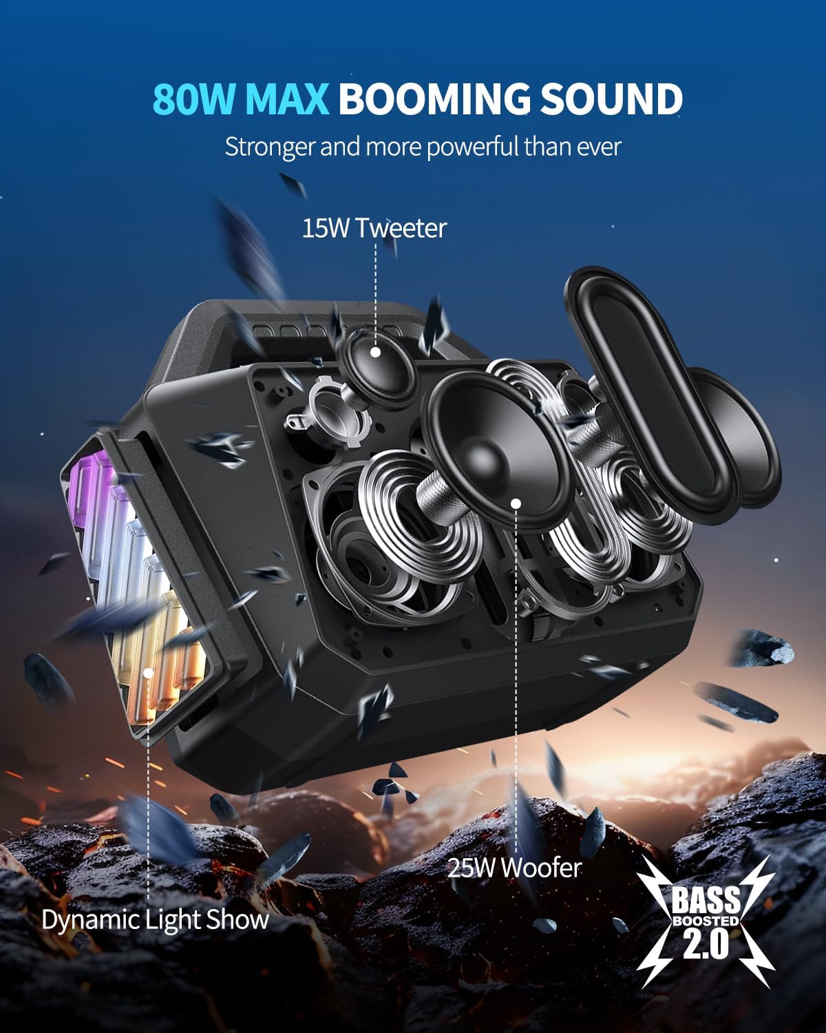 Bluetooth Speaker - 80W Loud, Rugged Outdoor Speakers, IPX6 Waterproof, 20H Playtime, Deep Bass, Lightshow, TWS, BT 5.3 Wireless, Portable for Travel Hiking Camping Beach Pool - Black