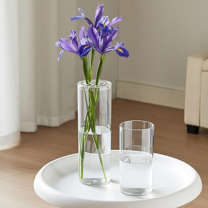 2 Acrylic Cylinder Clear Vase for Centerpieces, Tall Large Unbreakable Plastic Flower Vases for Home Decor (D 4.8" X H 7.8" - H 12" + 2 Holder)