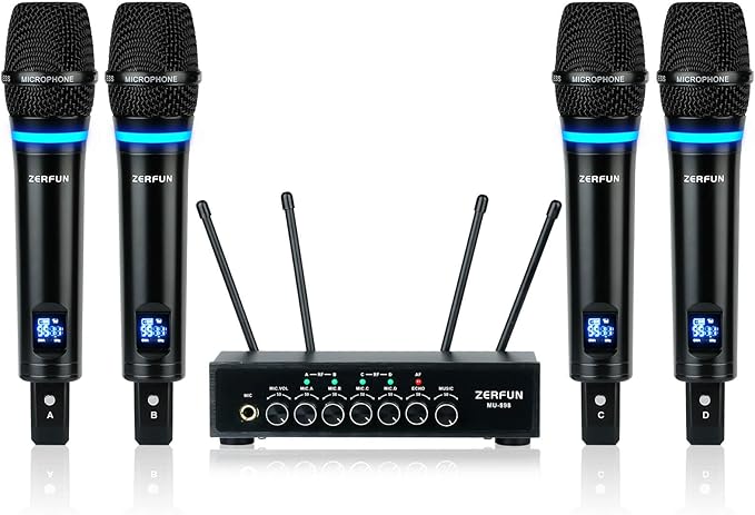 4 Channel Rechargeable Wireless Microphone System, Pro UHF Metal Handheld Wireless Microphones Cordless Mics with Echo Bluetooth VOL Channel Control for Karaoke Singing Church(MU-898)