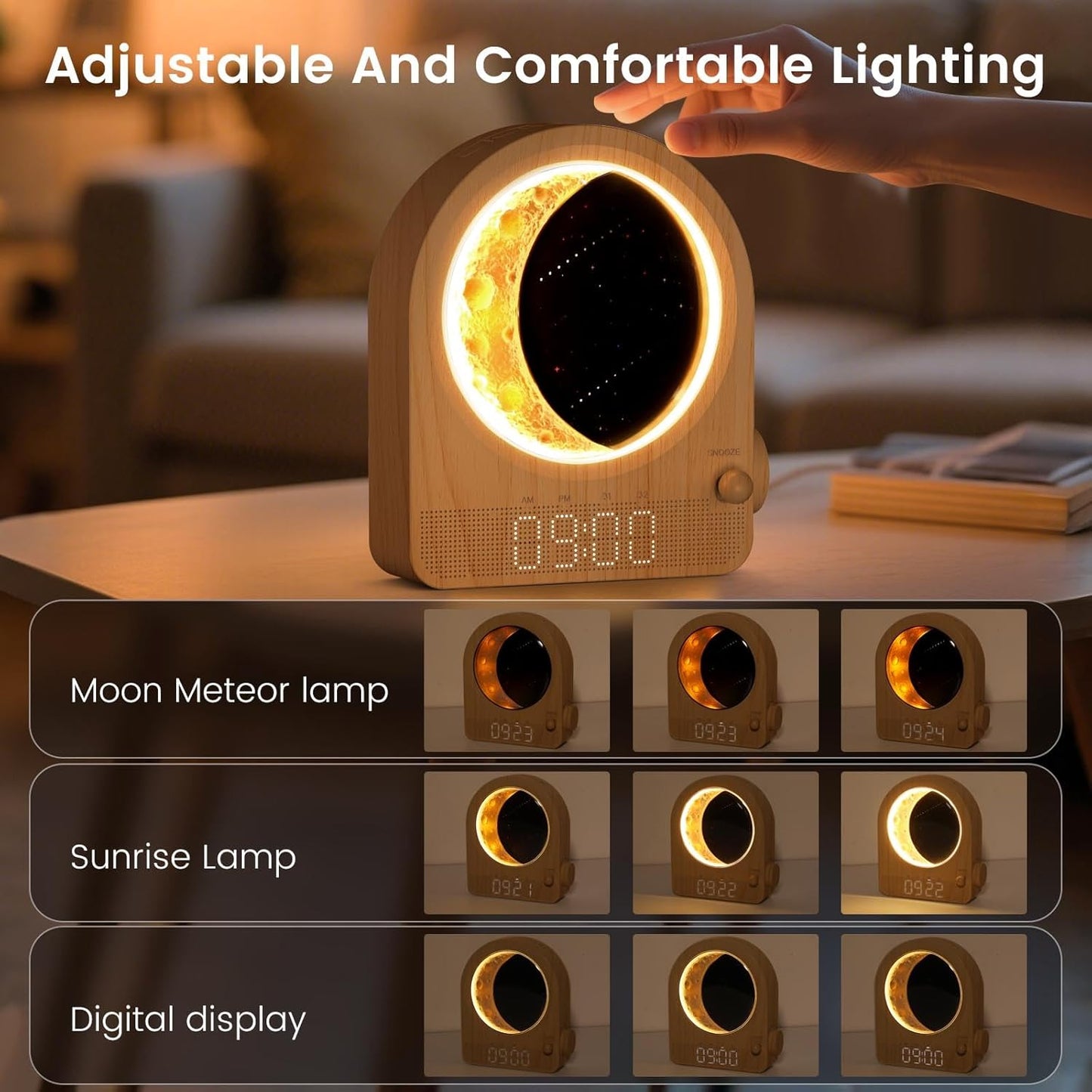 Sunrise Alarm Clock, White Noise Machine & Meteor Moonlight - 10 Soothing Sounds, Dual Alarms, 30/60/90min Timer, Easy Snooze - Bedroom Gift for Insomnia Adults/Women - Wood