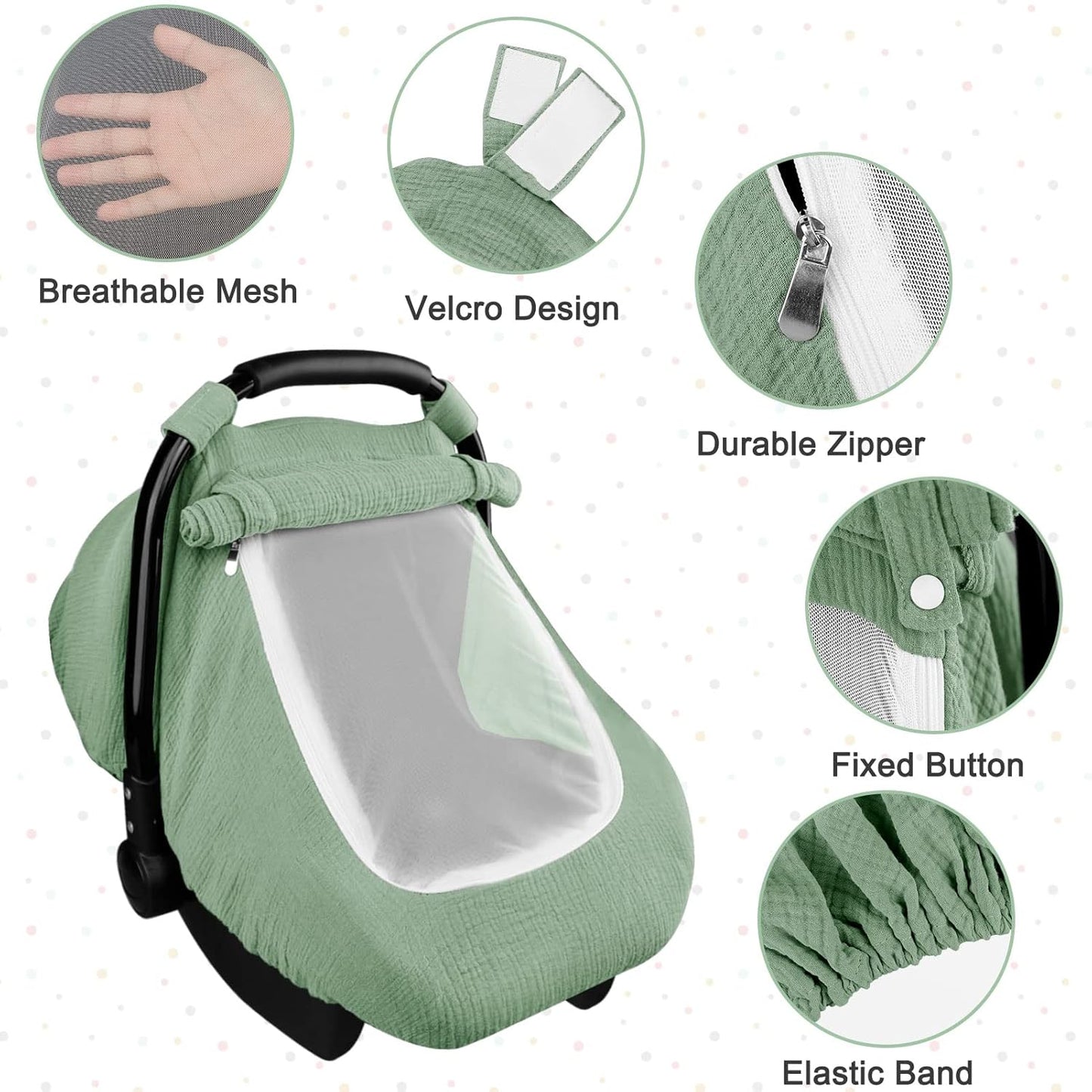 Hooyax Muslin Car Seat Covers for Babies, Summer Baby Car Seat Cover for Boys Girls with Breathable Window, Lightweight Infant Car Seat Canopy, Green