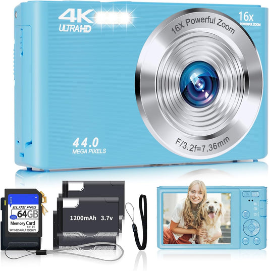 Digital Camera for Teens, FHD 4K 44MP with 64GB SD Card, 16X Digital Zoom, Compact Point Shoot Camera Blue