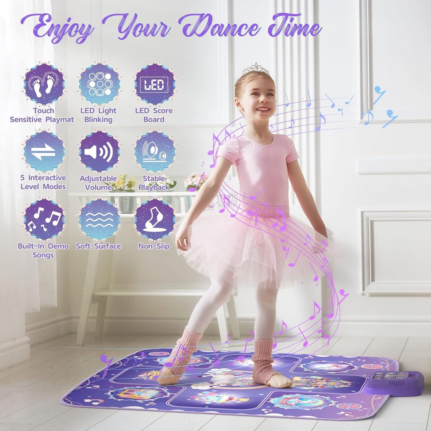 GirlsHome Dance Mat - Unicorn Toys for Girls Electronic Dance Pad with 5 Game Modes, Built-In Music, Touch Sensitive Light Up LED Kids Musical Mat, Christmas & Birthday Gift for Toddler Girls 3-12