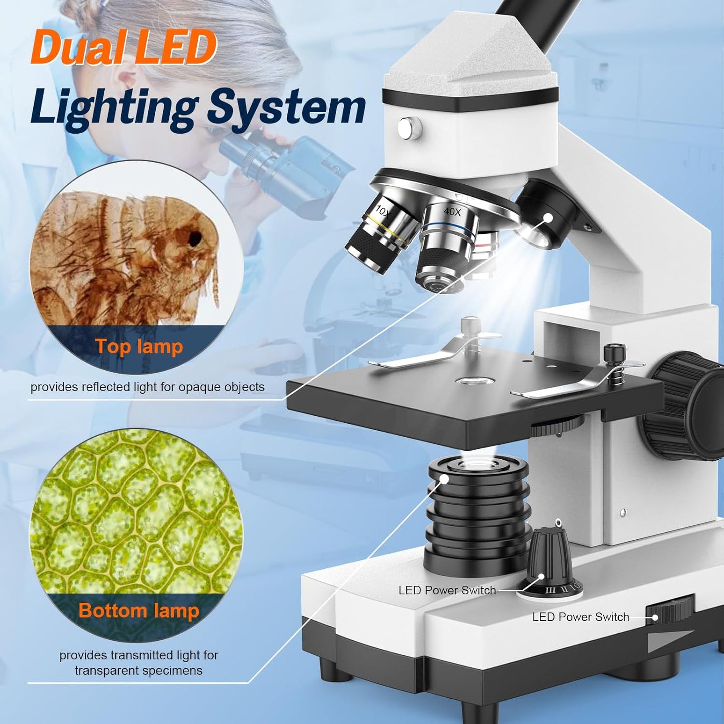 Microscope for Adults and Kids - 40X-2000X Monocular Microscopes with Slides Set, Dual Led Light, Phone Adapter, Professional Biological Optical Microscopes for Students School Home Education