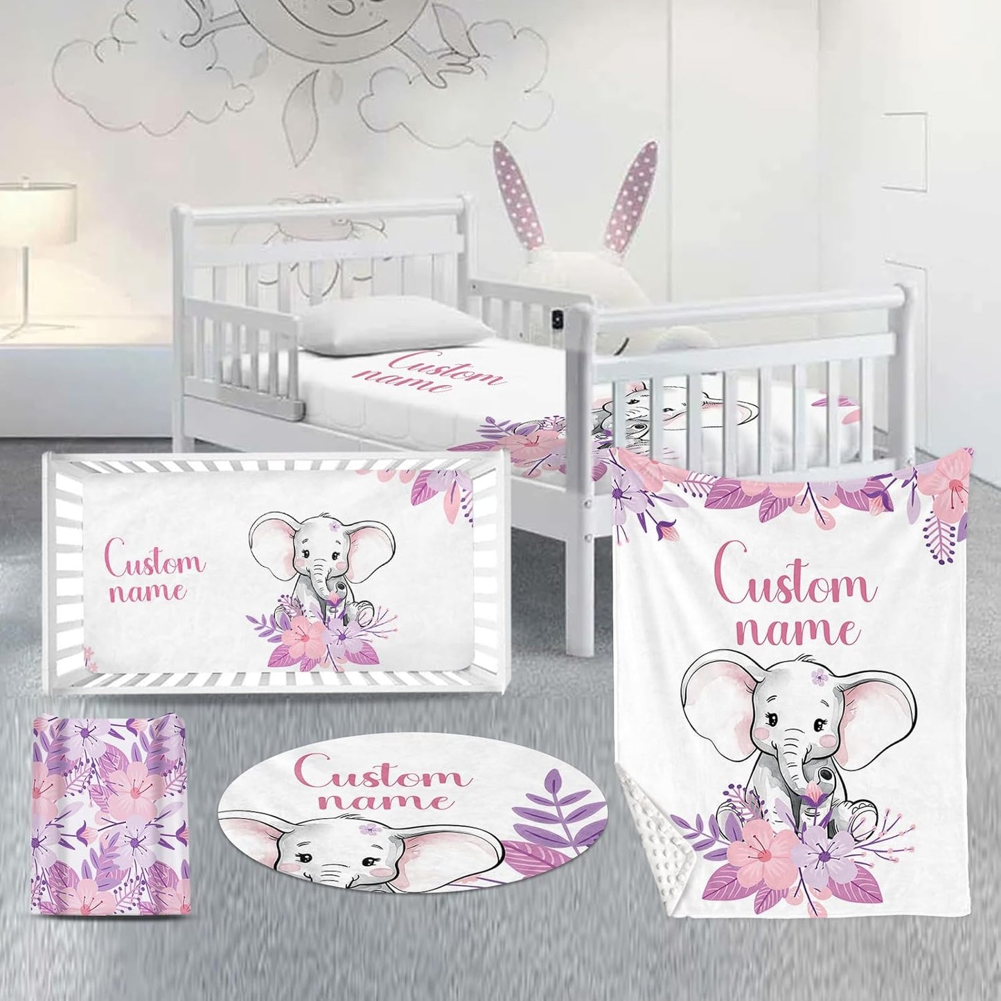 Custom Nursery Crib Bedding Set: Personalized Name 4 Piece Purple Flower Elephant Design Baby Crib Sets for Girls - Toddler Double Layer Blanket Set, Comfortable Crib Bed Sheets for Baby Toddlers
