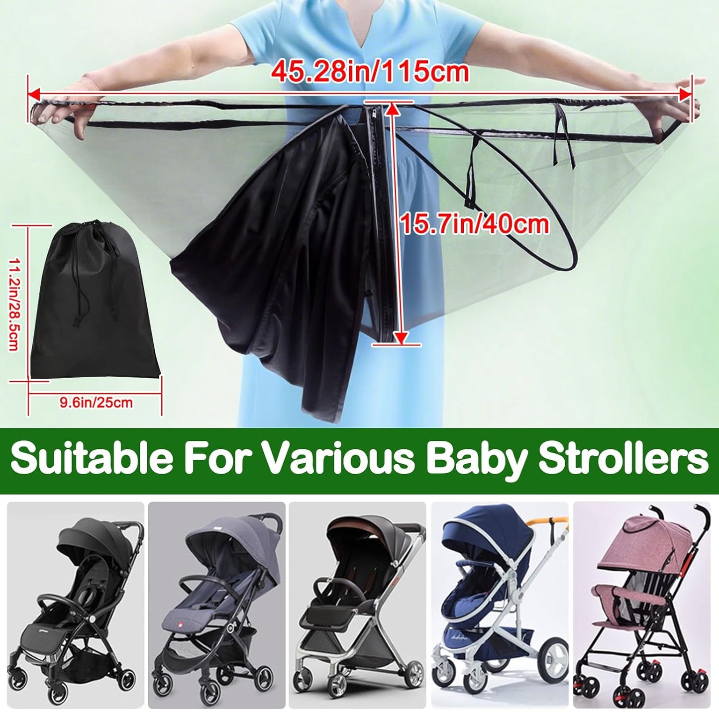 Baby Mosquito Net for Stroller Sun Shade, 2-in-1 Stroller Cover for Sun Protection with Two-Way Zipper and Storage Bag, Breathable Strollers Bug Net Suitable for Bassinet, Cradle, Car Seat – Black