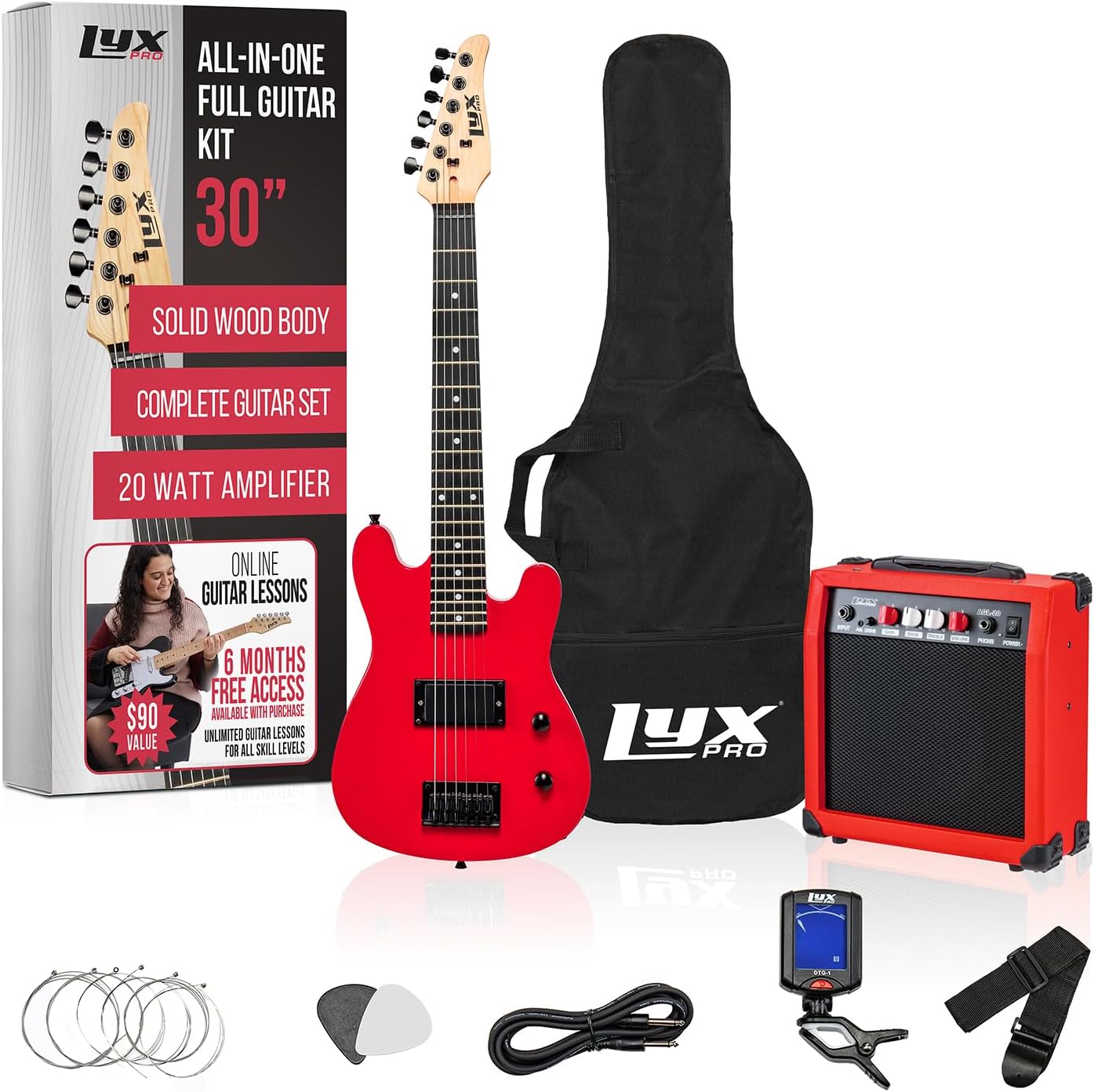LyxPro 30 Inch Electric Guitar and Starter Kit for Kids with 3/4 Size Beginner’s Guitar, Amp, Six Strings, Two Picks, Shoulder Strap, Digital Clip On Tuner, Guitar Cable and Soft Case Gig Bag - Red