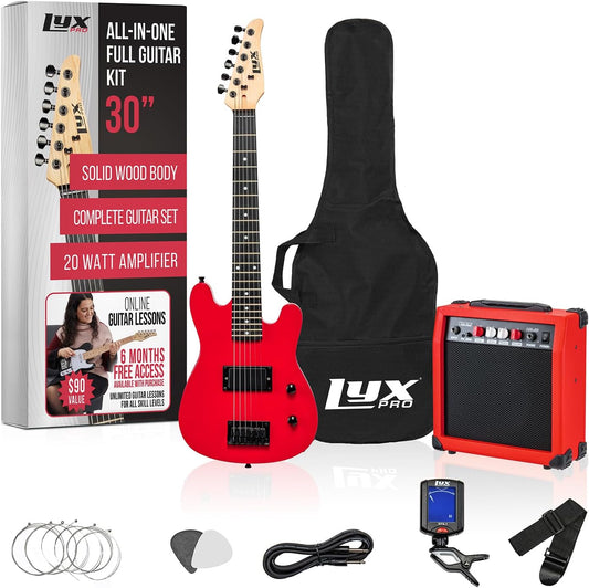 LyxPro 30 Inch Electric Guitar and Starter Kit for Kids with 3/4 Size Beginner’s Guitar, Amp, Six Strings, Two Picks, Shoulder Strap, Digital Clip On Tuner, Guitar Cable and Soft Case Gig Bag - Red