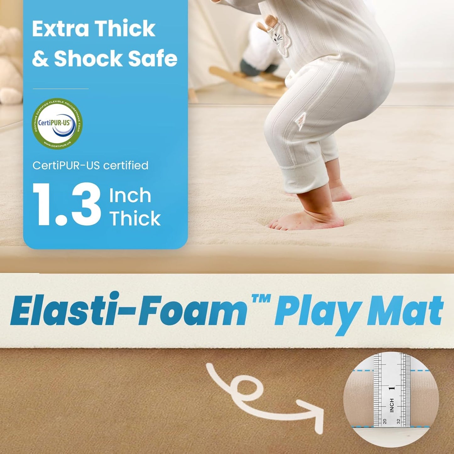 Ultra Soft Baby Play Mat,71"×79" Extra Large Activity Tummy Time Mat for Toddlers,Infants,Kids,1.3" Thick Elasti-Foam Nursery Rug for Floor,Non-Slip Safe for Crawling,Water-Repellent(Beige)