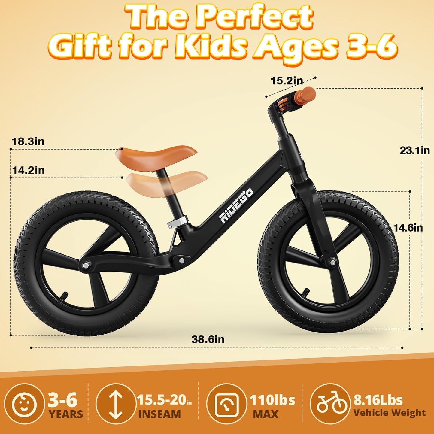 Ridego 12 or 14 Inch Balance Bike for Kids 2-6 Year Old,Lightweight Kids Bike with Adjustable Seat, Push Bicycle with Air Rubber Tires，Ride-on Toys Birthday Gift