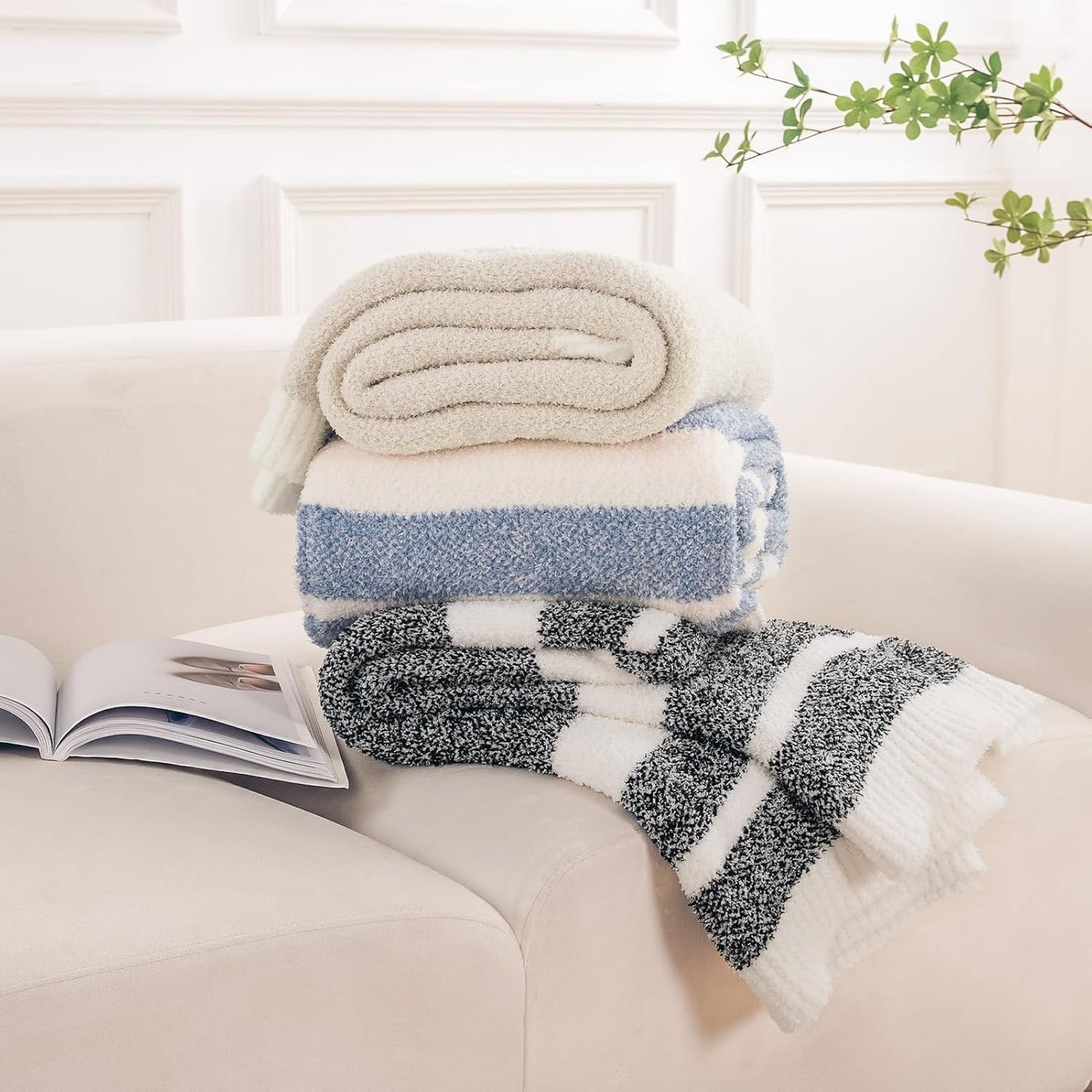 NEXHOME PRO Stripe Cozy Blanket Twin, Knit Fuzzy Throw Blanket for Couch Bed Sofa Picnic, Ultra Soft Blankets for Women Gifts Blue50 x 60 inches