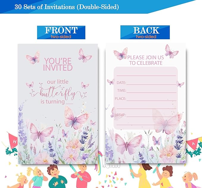 Butterfly First Birthday Invitations for Girls, 1st Floral One Little Butterfly Birthday Party Invitaions for Butterfly Party Invites, 4x6 Inches, 30 Sets with Envelopes