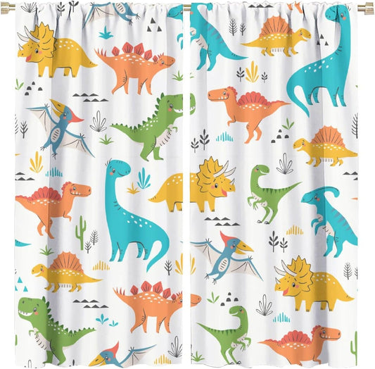 Kids Dinosaur Curtains for Boy Girl Bedroom Decor Cartoon Dino Colorful Cute Funny Animal Wildlife Printed Blackout Rod Pocket Window Drapes for Baby Nursery Playroom Living Room W21xL45in 2 Panels