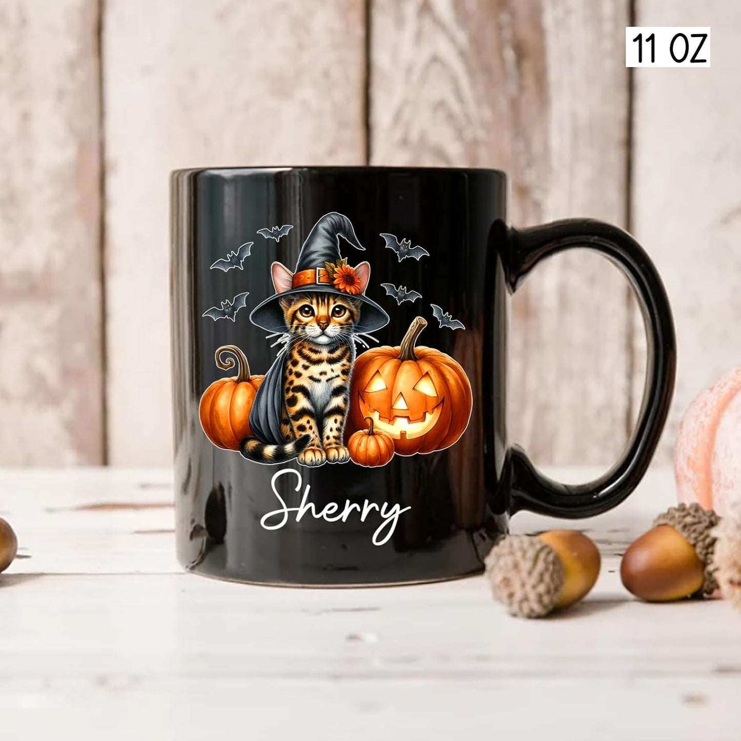 Personalized Name Bengal Wearing Witch Hat Coffee Mug, Custom Bengal Halloween Ceramic Cup, Spooky Cat Pumpkins Mug 11oz 15oz, Pet Halloween Black Cup, Gift for Cat Dad Mom Family Friend
