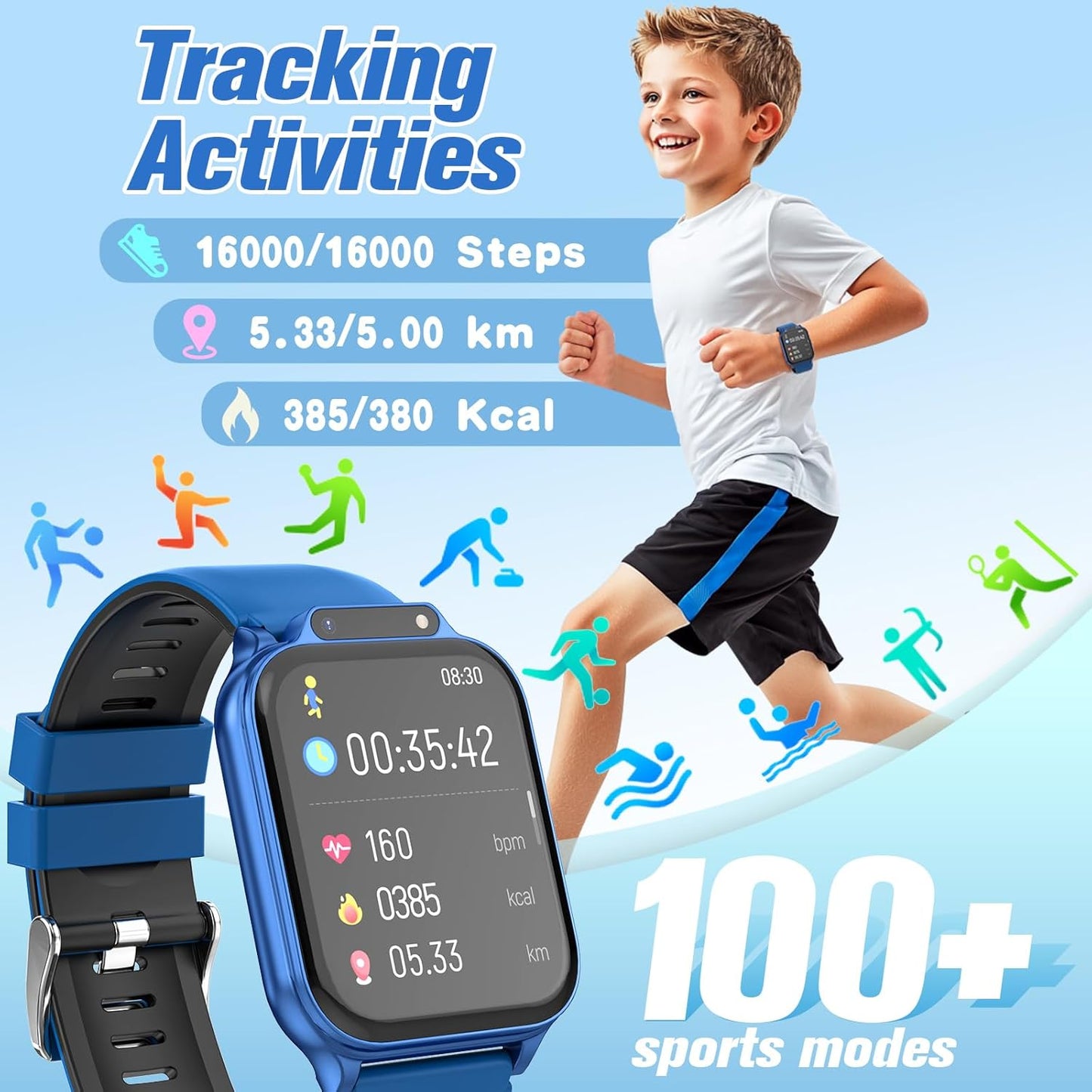Smart Watch for Kids 1.85" with Fitness Tracker, Sleep Monitor, 22/100+ Sport Modes, DIY Dial, IP68 Waterproof, Step Counter, Heart Rate, Camera, with/Without APP, Gift for 3-12 Years Old Boys Girls