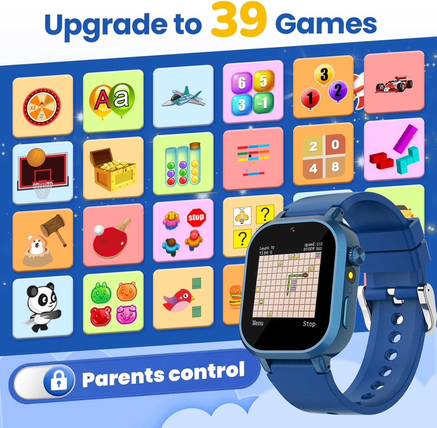 Waterproof Smart Watch for Kids Boys Ages 5-12 with 39 Games, HD Camera, Video, Music, Habit Tracking, Alarm, Pedometer, Kids Smart Watch Chrismars Birthday Gift for Boys Age 5 6 7 8(Blue)