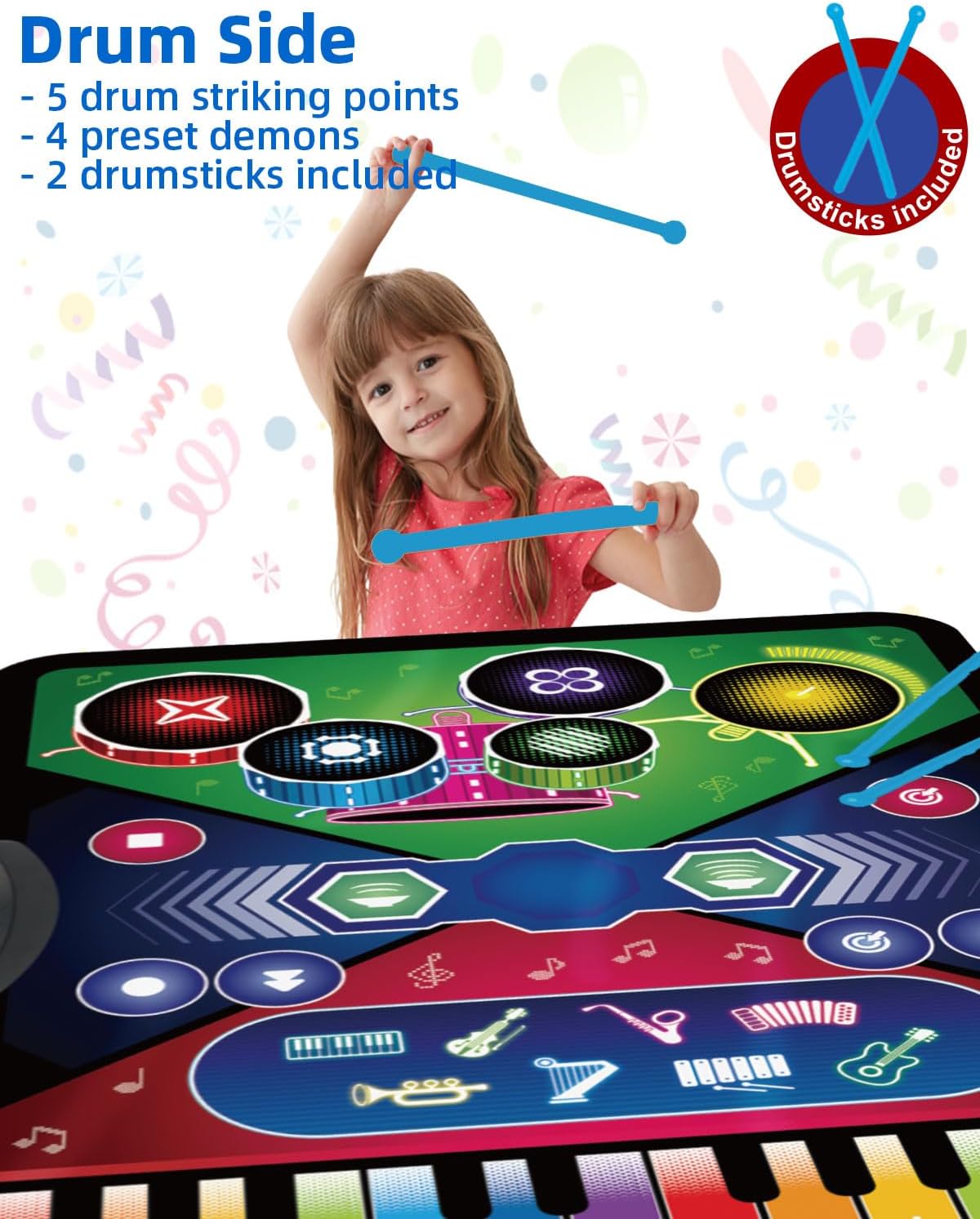 SUNLIN 2-in-1 Music Jam Mat, Music Learning Toy for Boys Girls 3-6, Drum Set + Piano Mat, Toddler Birthday Gift 3 4 5 6 Years, Record & Playback, Built-in Songs, 8 Instrument Sounds, Volume Control