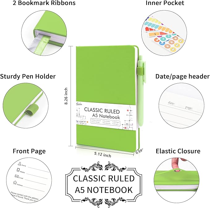feela 24 Pack Journal Notebook Bulk for Work, Business Notebook Hardcover Lined Writing Journal with Pen Holder for Men Women Note Taking, with 24 Black Pens, 120 GSM, 5.1”x8.3”, A5, Green