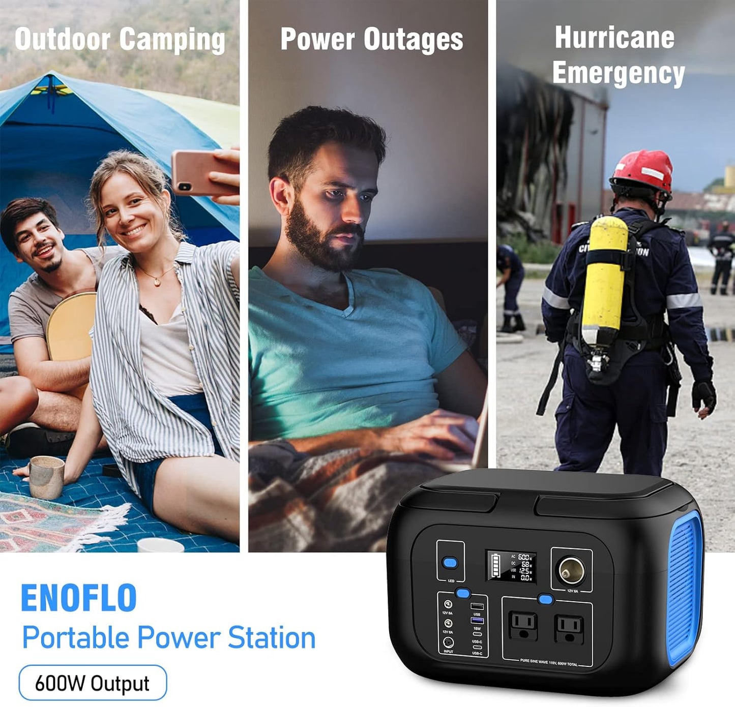 Portable Power Station 600W Power Bank 296Wh Solar Generator Lithium Battery Portable Generator Fast Charging with LED Light Battery Pack 9 Outputs Power Supply for Home Camping Emergency Backup