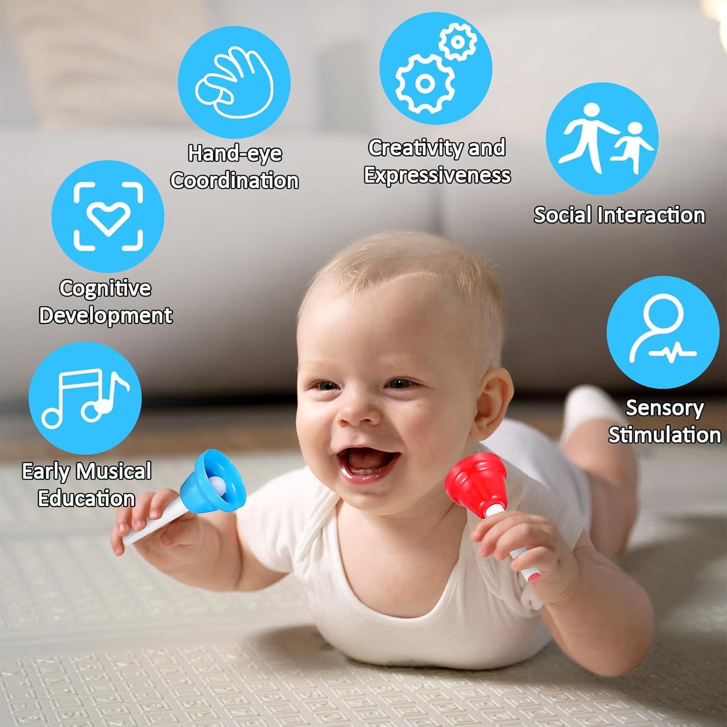 8 Notes Hand Bells, Musical Hand Bell Set with Colorful Design, 8 Pack Colorful Handbells, Durable Iron Bells for Kids Adults, School, Church Choir (4.3 Inch)