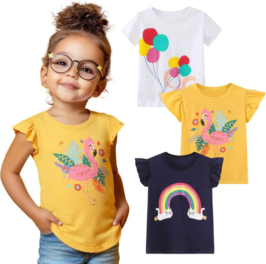 HILEELANG Girls' Tees Ruffle Short Sleeve T-Shirt Cotton Casual Graphic Summer Crewneck Tunic Tops