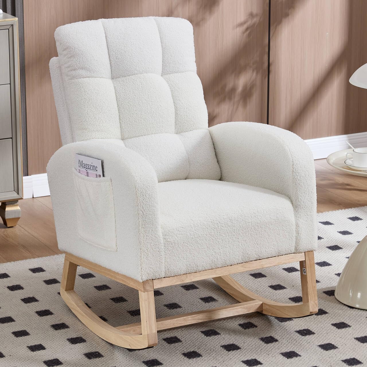 NIOIIKIT Nursery Rocking Chair, Teddy Upholstered Glider Chair with Side Pocket, Glider Rocker Chair with Tufted Back, Comfy Accent Nursing Chair for Living Room (White Retro)