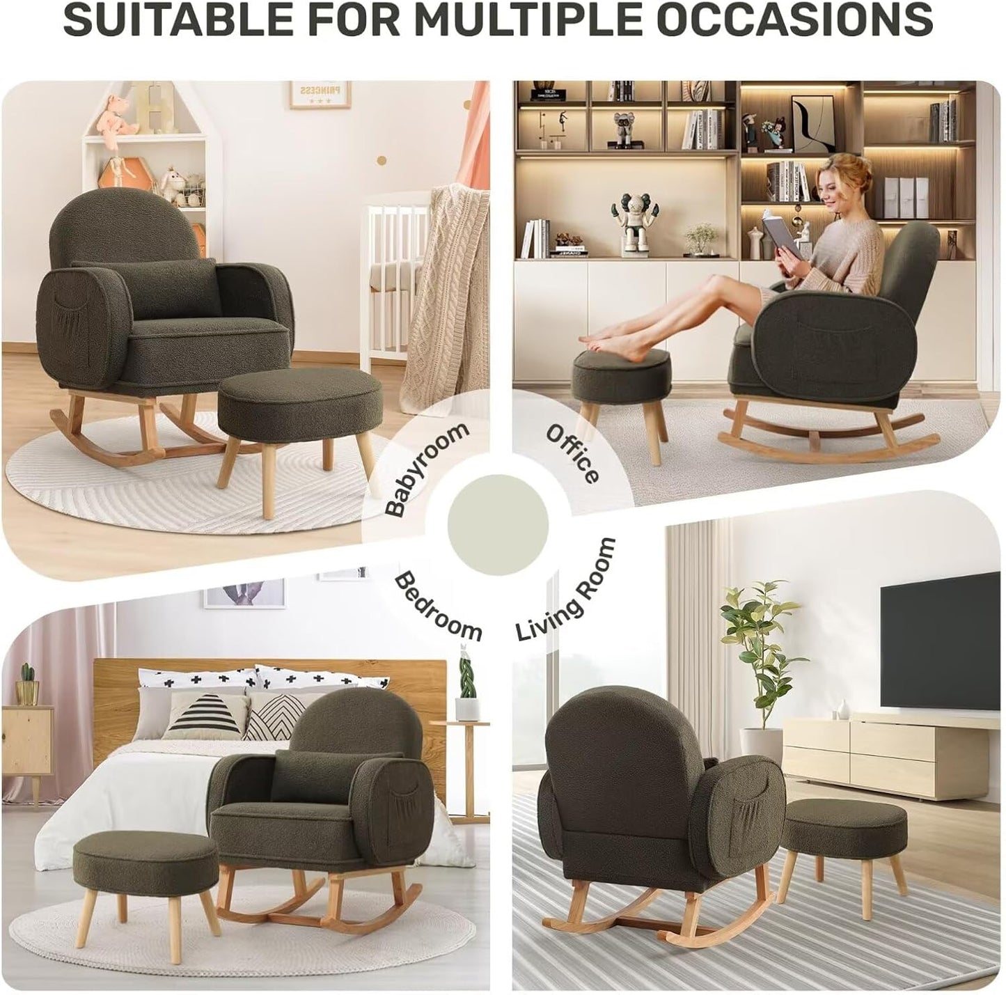 Rocking Chair with Ottoman, Upholstered Nursery Glider Rocker with High Backrest and Side Pocket, Teddy Rocking Accent Armchair with Solid Wood Legs for Nursery, Living Room, Bedroom Green