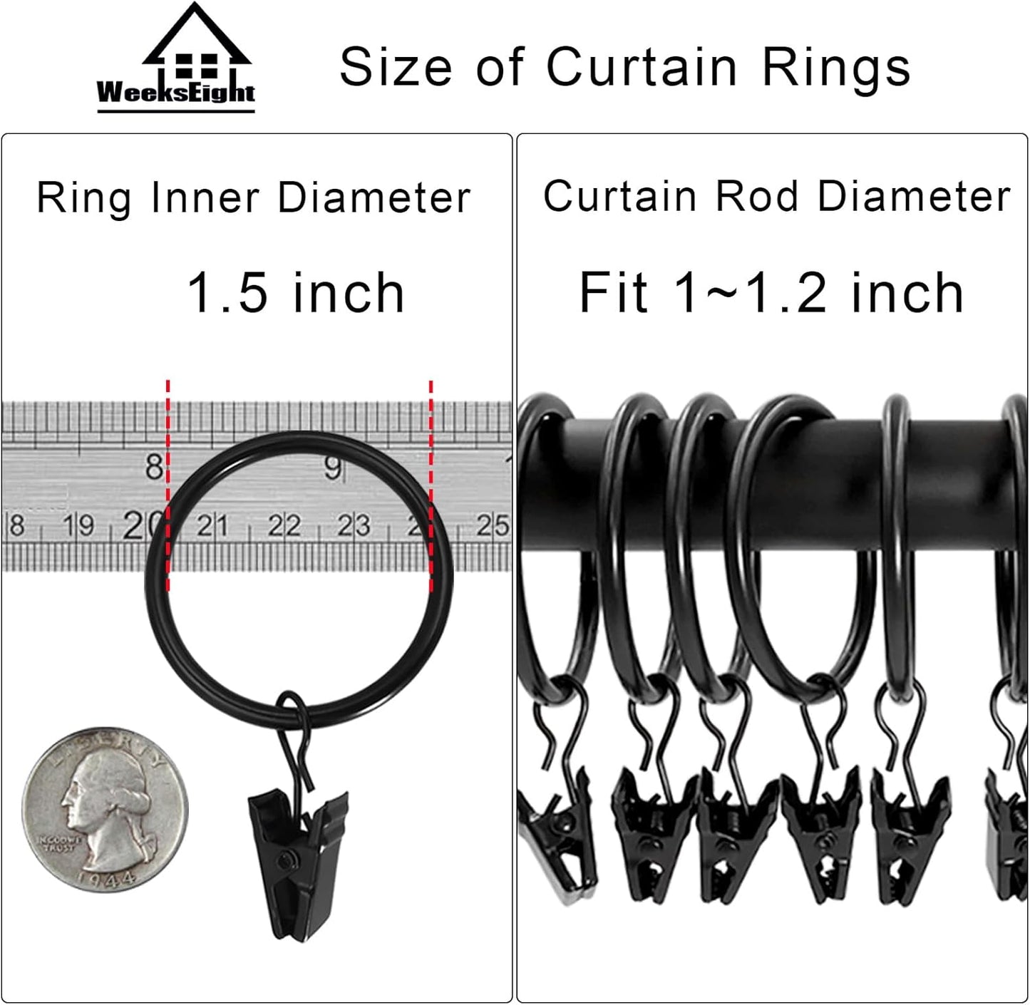 100 Pack Black Curtain Rings with Clips, Curtain Hooks Hangers Clip Rings for Hanging Drapes Bows Hat, Drapery Rings 1.5 in I D, Fits up to 1.2 in Diameter Curtain Rod.