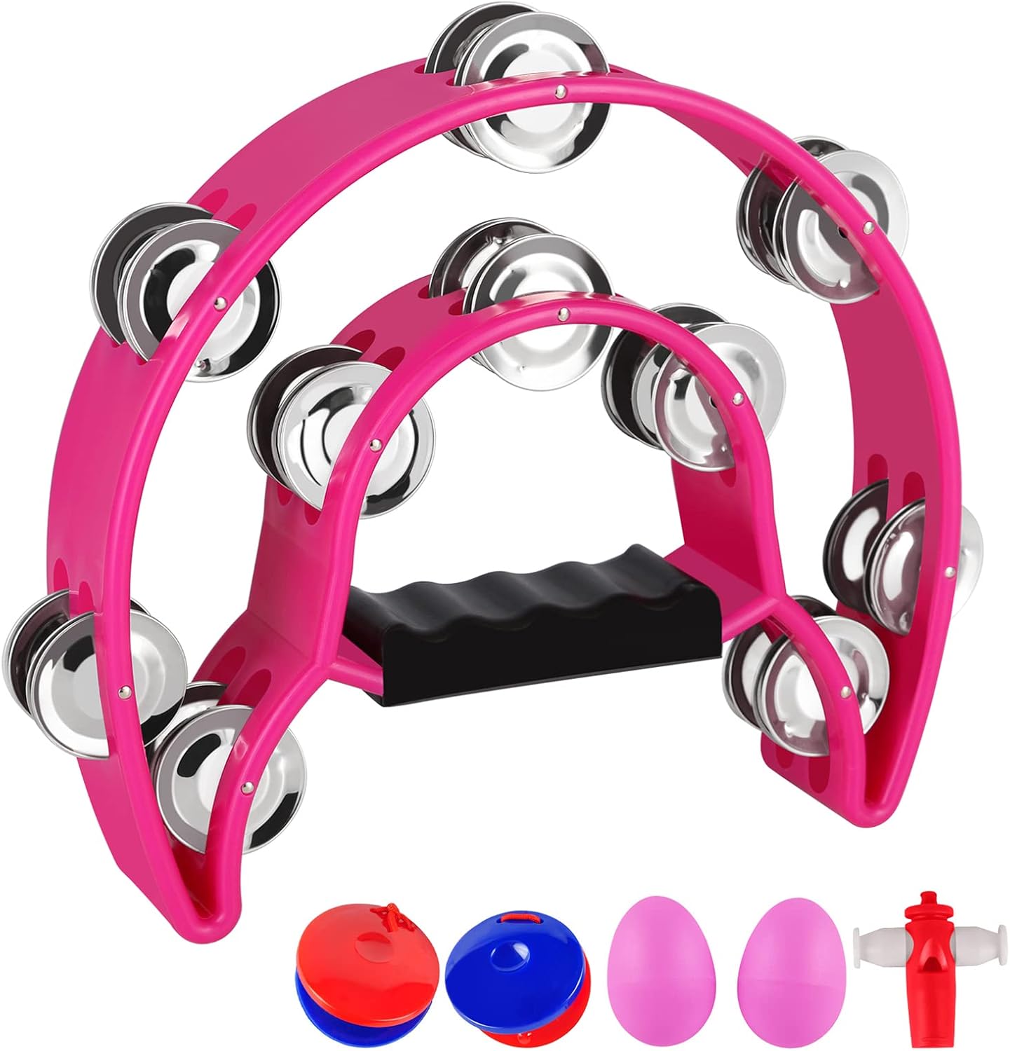 EastRock Double Row Tambourine,Metal Jingles Hand Held Percussion-Half Moon Tambourine for Adults, KTV, Party Pink