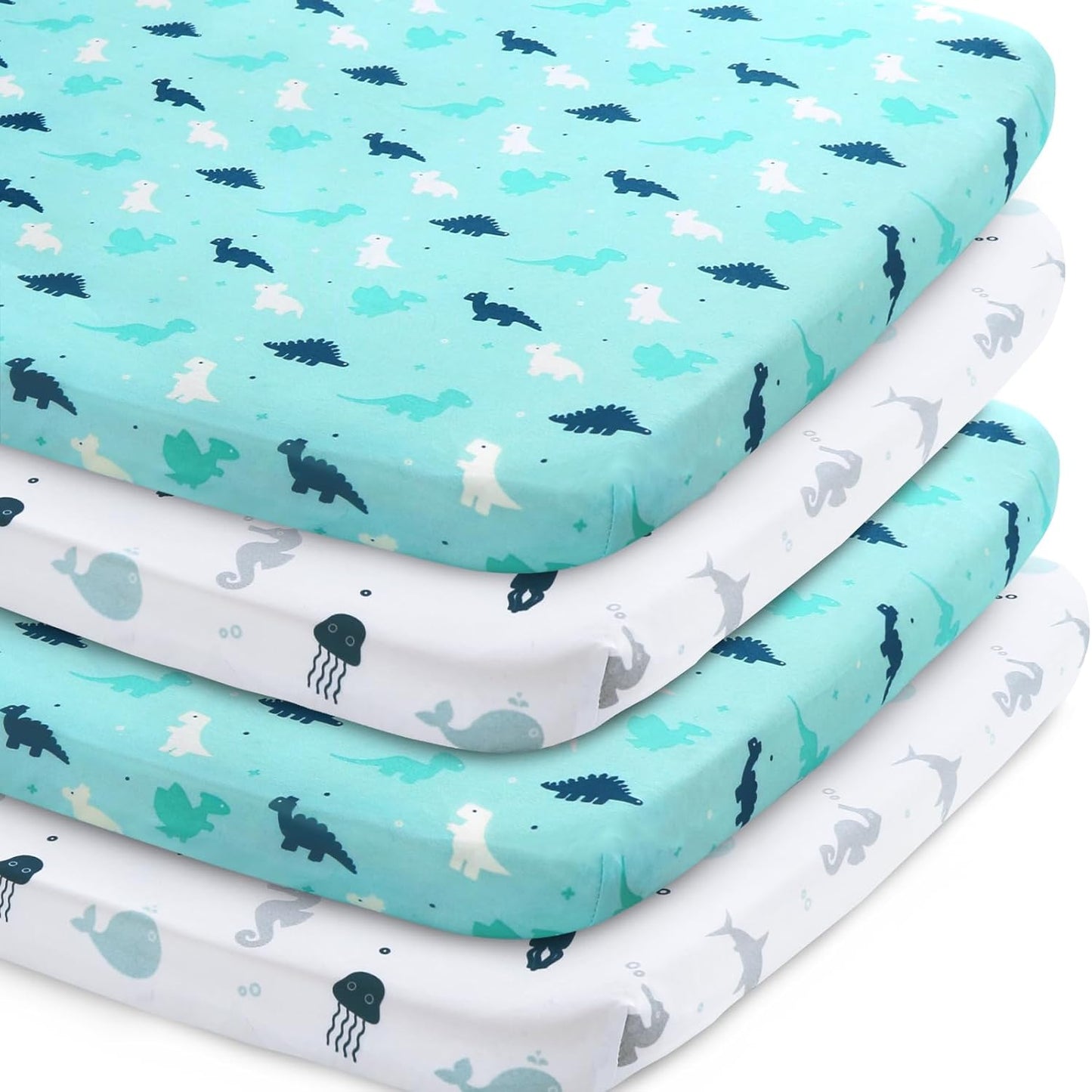 SPRINGSPIRIT Pack and Play Sheets, Pack n Play Sheets Ultra Soft, Mini Crib Sheets 4 Pack, Pack n Play Mattresses Sheets Compatible with Graco Pack n Play, Soft and Breathable, Aqua, Aqua + White