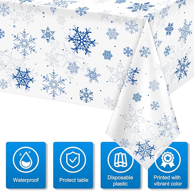3 Pieces Snowflake Christmas Party Tablecloth Decorations,Plastic White Snowflake White Blue Xmas Backdrop Sign Table Cover Banner for Winter Christmas Holiday Party Supplies,54x108 inch（White/Blue）