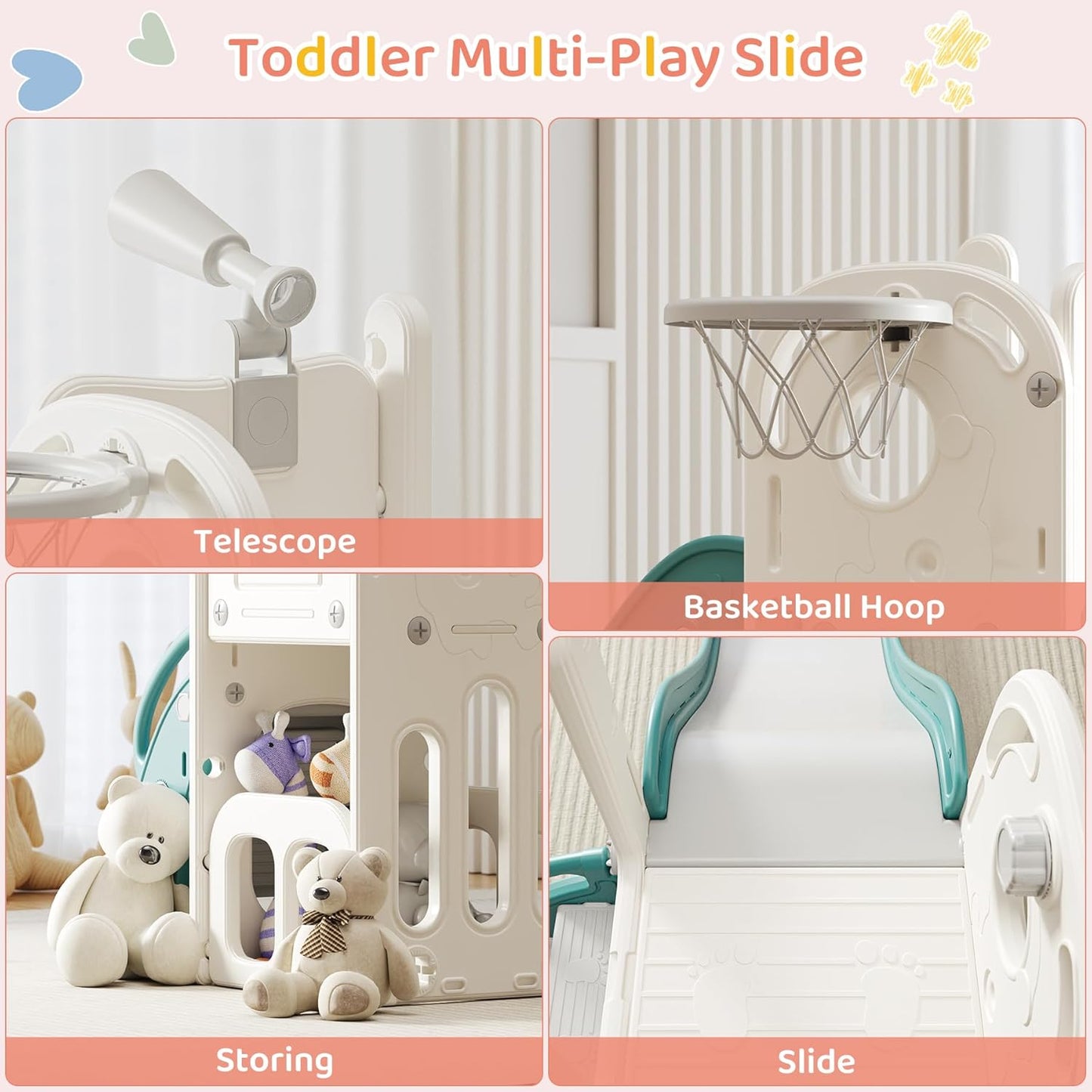 Toddler Slide Baby Slide for Toddlers Kids with Basketball Hoop Telescope Indoor Outdoor Slide Playset Playground