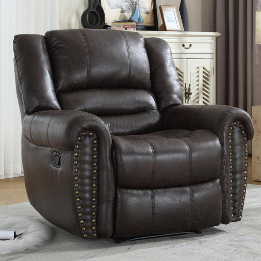 CANMOV Leather Recliner Chair, Classic and Traditional Manual Recliner Chair with Comfortable Arms and Back Single Sofa for Living Room, Dark Grey