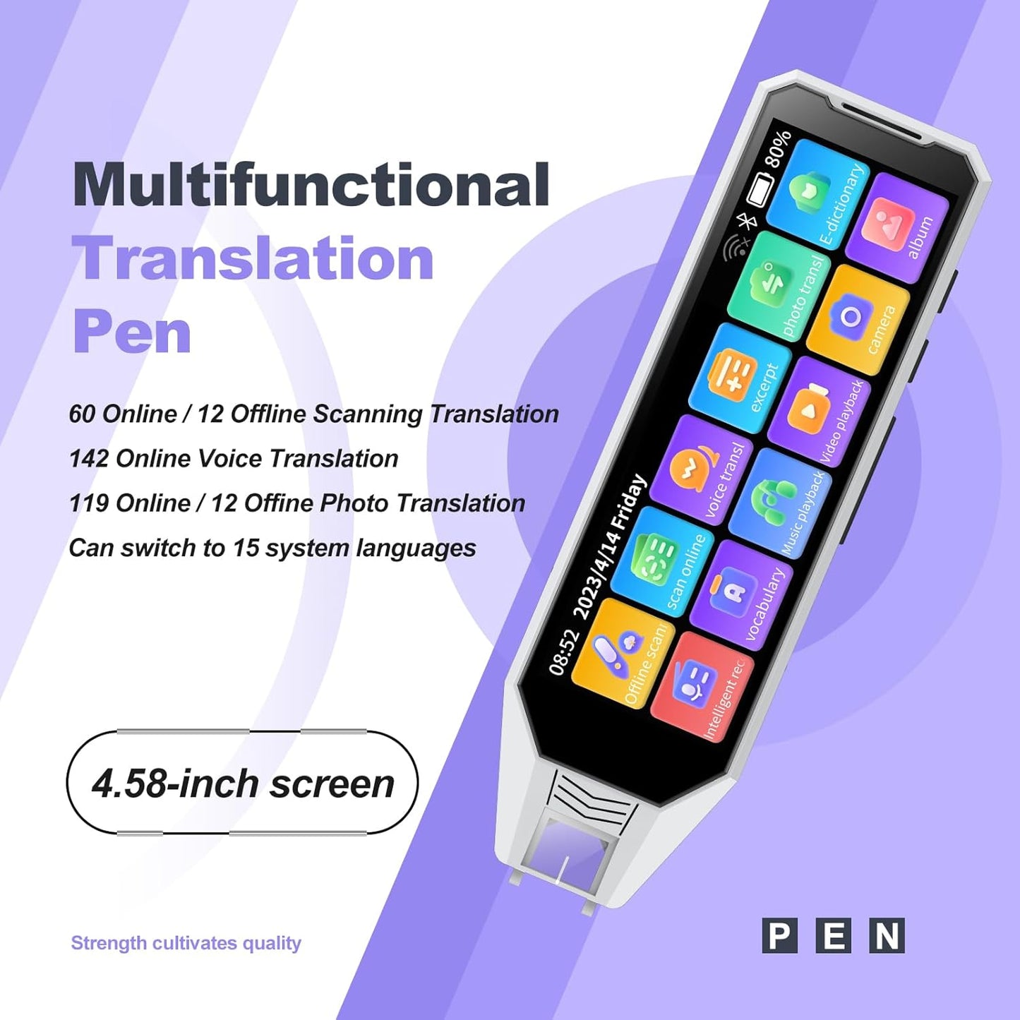 Reading Pen Language Translator Scanner Pen, 142 Languges Real time Two-Way AI Translation Device, 4.58 Inches Screen, HD Sound, Long Battery Life, for Travel Business Learning (White)