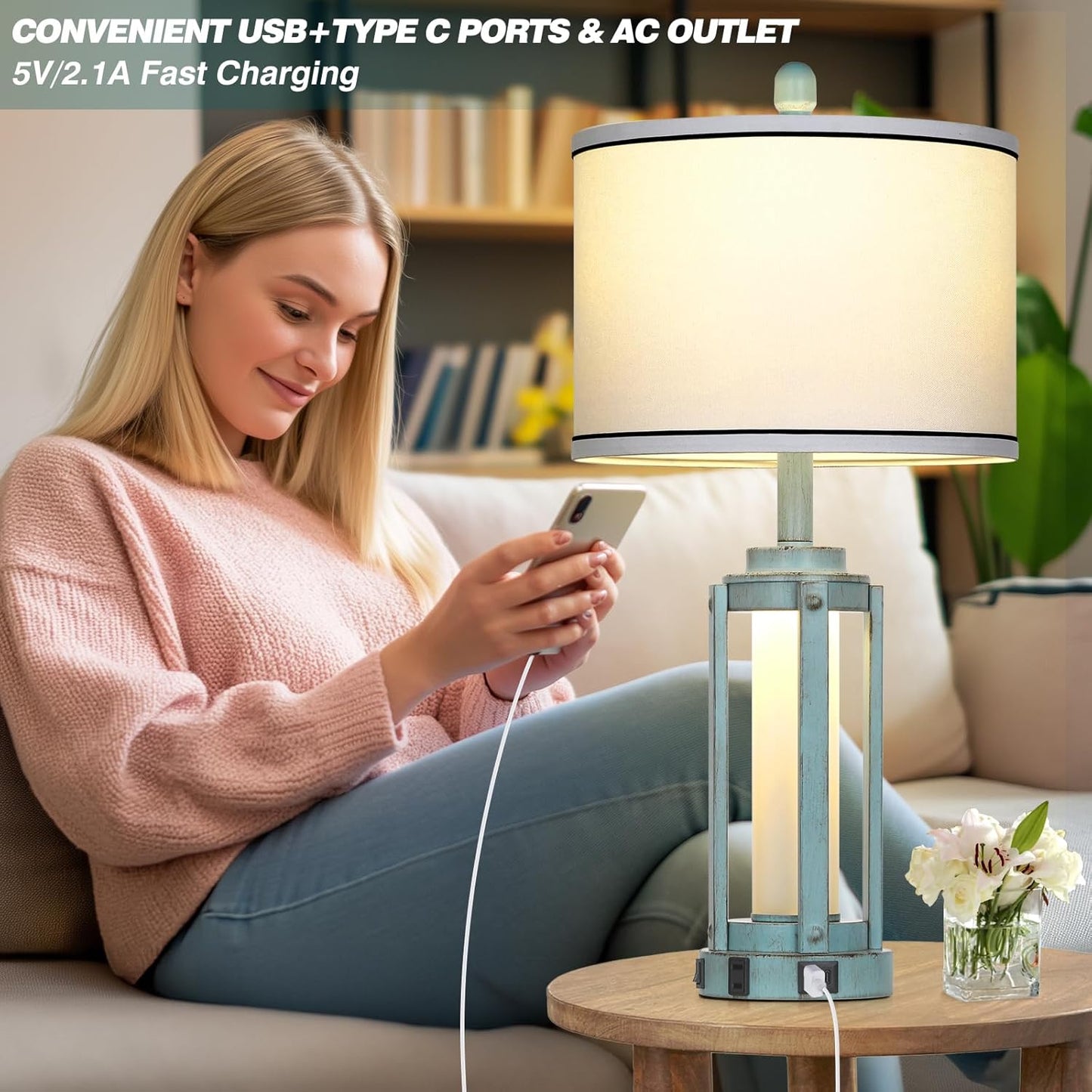 Industrial Farmhouse Table Lamp, 26" Vintage Rustic Beside Lamp with USB A+C Charging Ports & AC Outlet, Nightstand Metal Lamp with LED Night Light & Fabric Shade for Living Room Bedrooms Blue