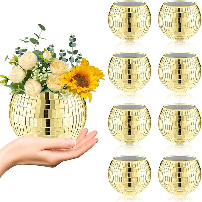 8 PCS Disco Ball Vase,Glass Disco Ball Planter Candle Holder Vase Bulk Mirror Disco Ball Flower Vase for Wedding Centerpieces,Birthday,Office,Bedroom(Gold)