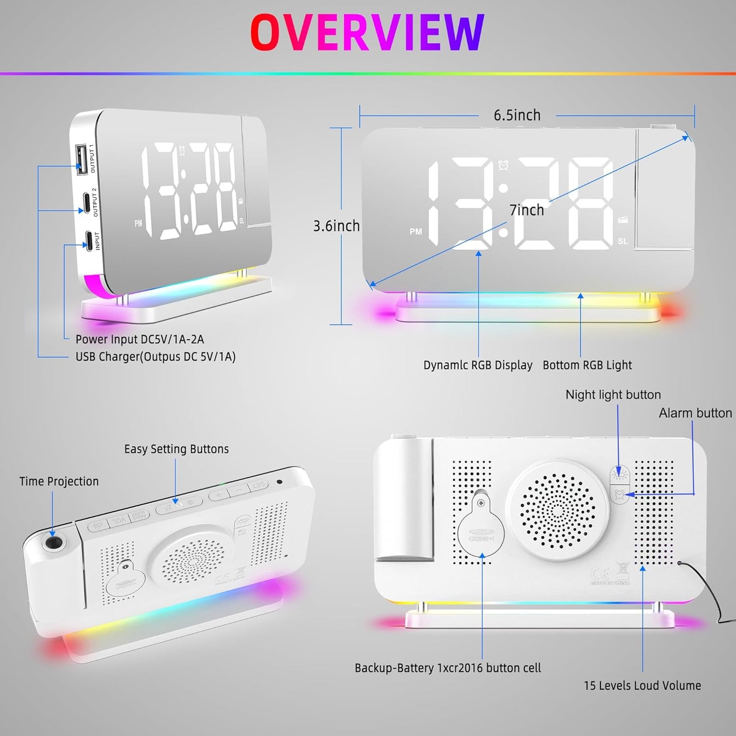 Projection Alarm Clock for Bedroom Ceiling,RGB Digital Clocks with 10 Colors RGB Night Light,Loud Alarm Clock for Heavy Sleepers,USB C Charger Port,Snooze,12/24H,Auto Dimming