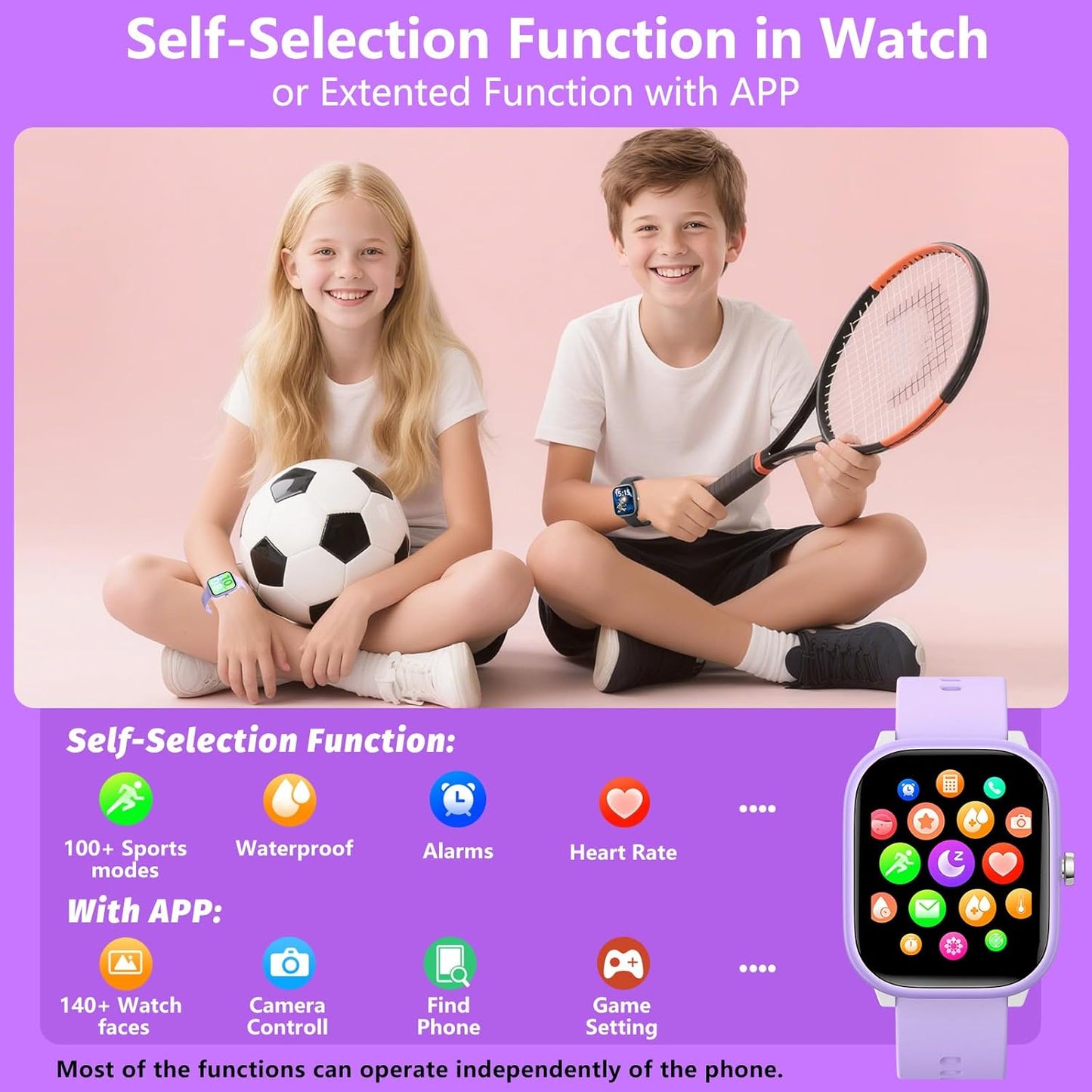 Kids Wach for Girls Boys 6-15 Year Old - Smart Watch for Kids 1.8" Fitness Tracker,No Phone needed,Pedometer Sleep Monitor Heart Rate Waterproof,Puzzle Game for Girls Boys Teens Birthday Gift (Purple)