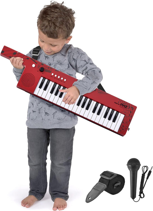 Pyle Digital Musical Keyboard 37 Keys, Electronic Karaoke Keytar with Wired Microphone, 4 Preset Selectable Tones, 4 Audio Rhythms, AUX Input, Rechargeable, Fun for Kids and All Ages