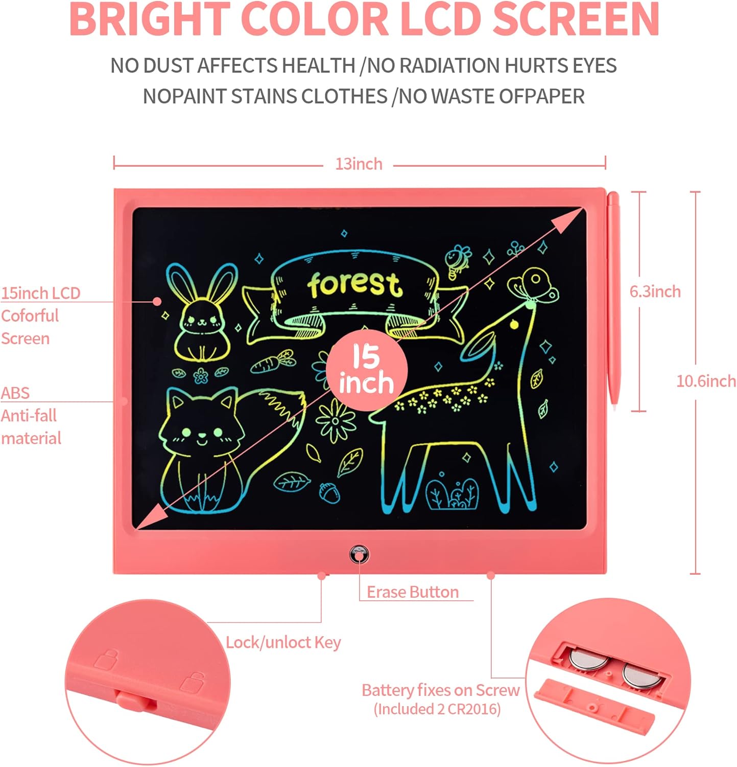LCD Writing Tablet for Kids, 15 Inch Colorful Electronic Doodle Board for Kids Age 3+ Toys Christmas Birthday Erasable Drawing Tablet Toddler Learning Toys