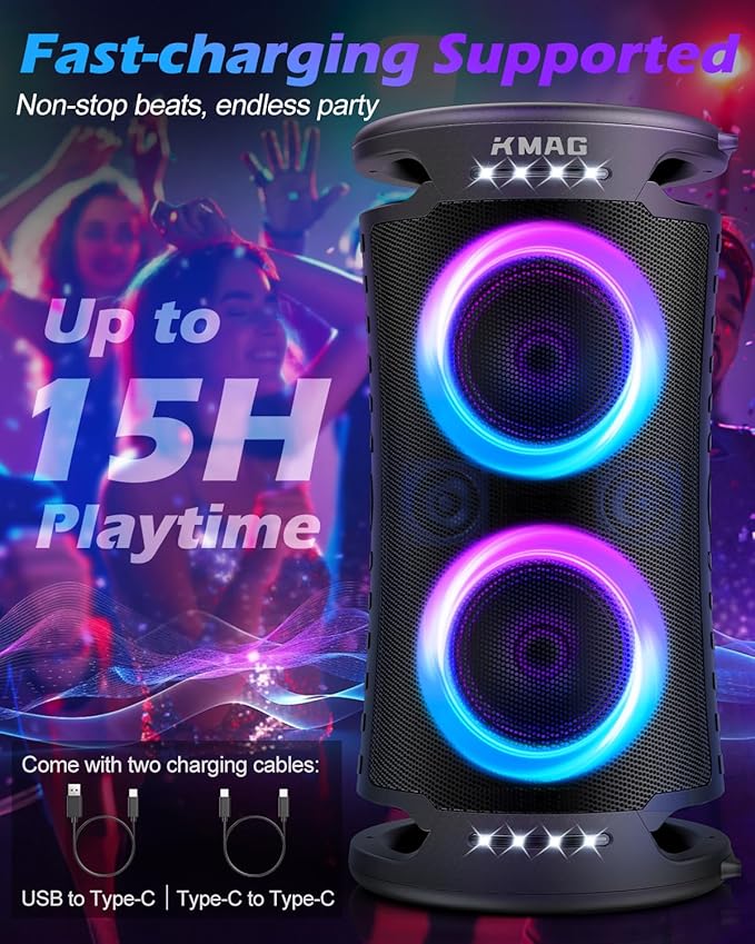 Large Bluetooth Speaker, 260W Peak Powerful Loud Sound with Deep Bass, 15Hr Playtime, Fast Charge, TWS, Cool Lights, Portable Outdoor Speaker Wireless for Party, Camping, Beach, Backyard, Home, Work
