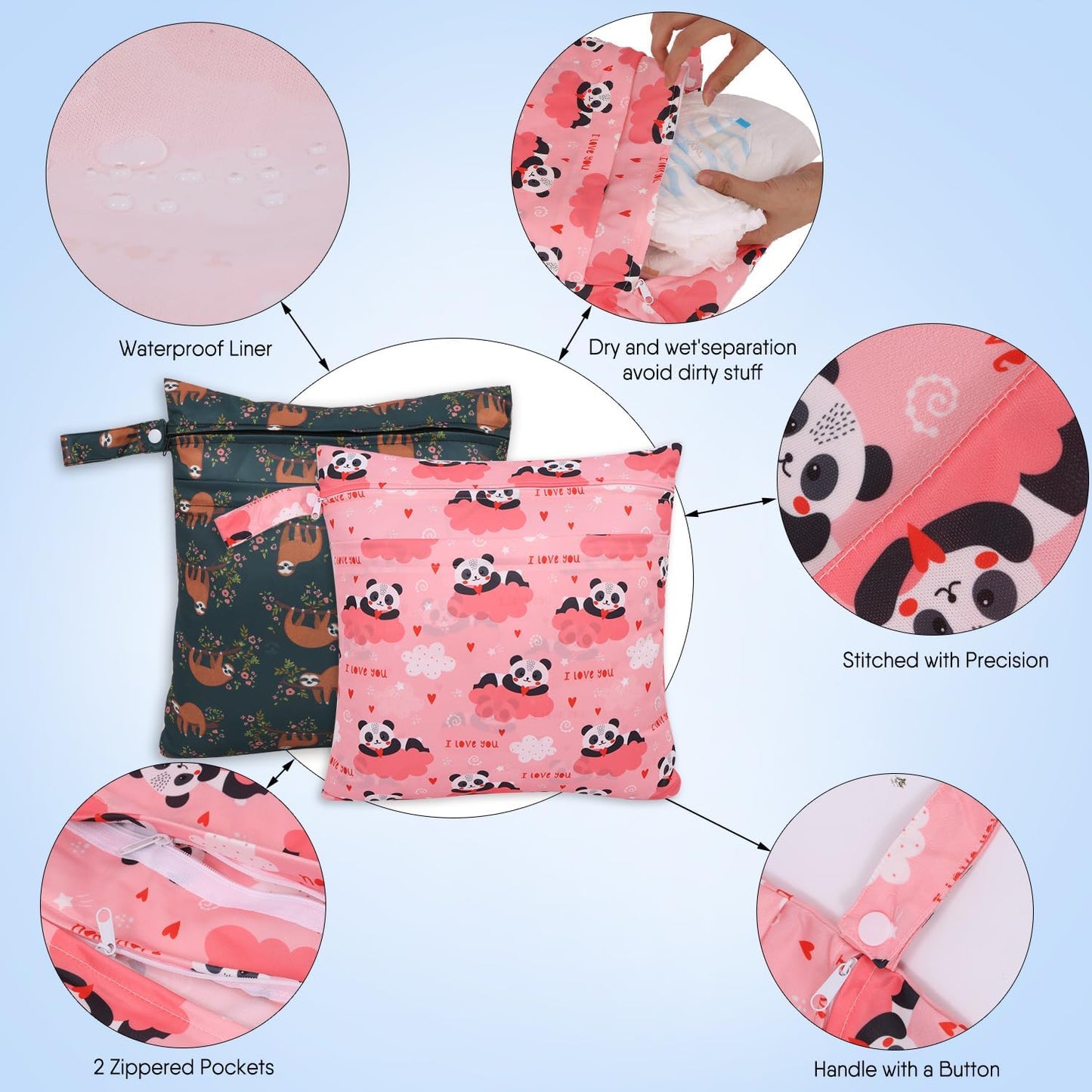 2pcs Cloth Diaper Wet Dry Bags, Waterproof Reusable Wet Bag with 2 Zipper Pockets & Handle, Washable Laundry Bags for Baby Adult Clothes Travel Beach Pool Daycare Yoga Gym Exercise Swimsuits,