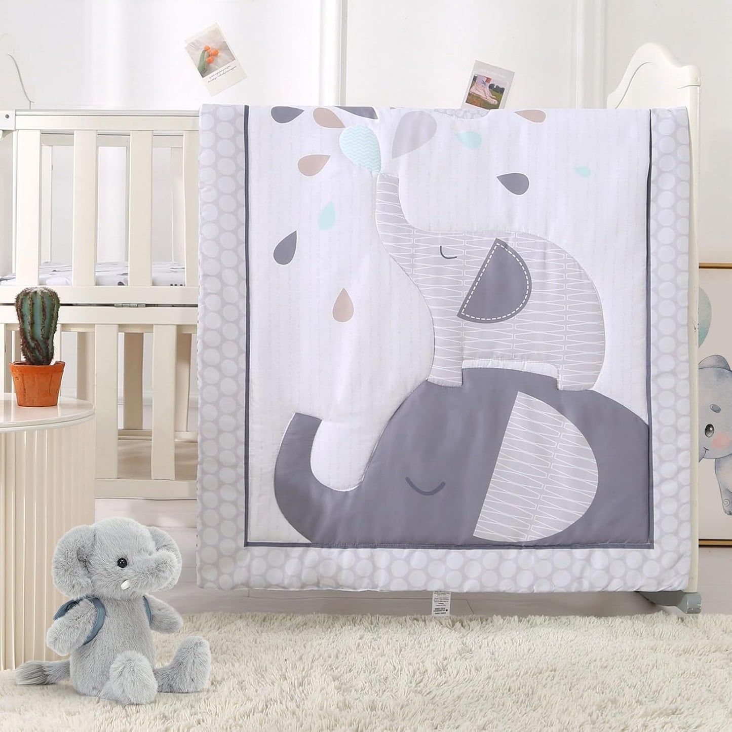 Wowelife Mini Crib Bedding Set for Boys, Premium 3-Piece Elephant Baby Bedding Set Elephant, Baby Nursery Comforter Bed Set with Crib Comforter, Skirt and Sheet, Gray