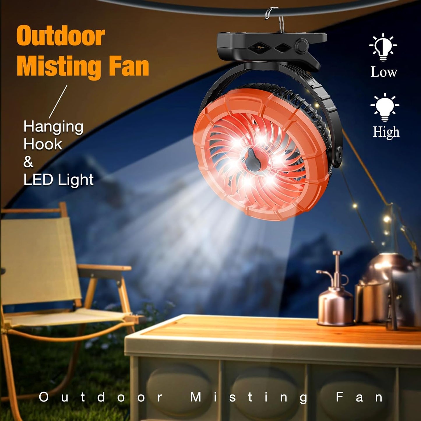 Ausic Portable Misting Clip on Fan, 100ml Camping Stroller Fan with LED, Max 45H Working Time Golf Cart Fans, 360° Rotate Cooling Spray, Outdoor Rechargeable Battery Fans for Travel/Home/Beach