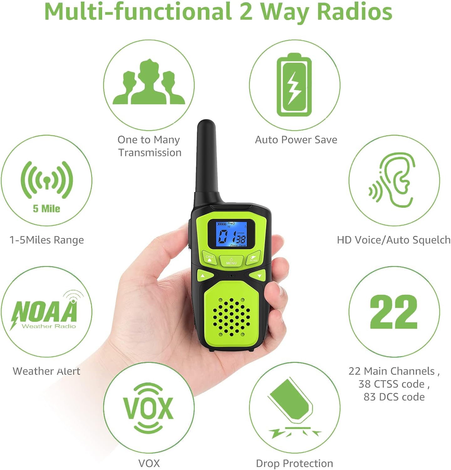 WokTok Adult Walkie Talkies Long Range Rechargeable Portable Two-Way Walkie Talkie, Camping Gear, SOS Sirens, NOAA Weather Alarms, Kid's Toys, Easy-to-Use Walkie Talkies,2 Packs(No Batteries)