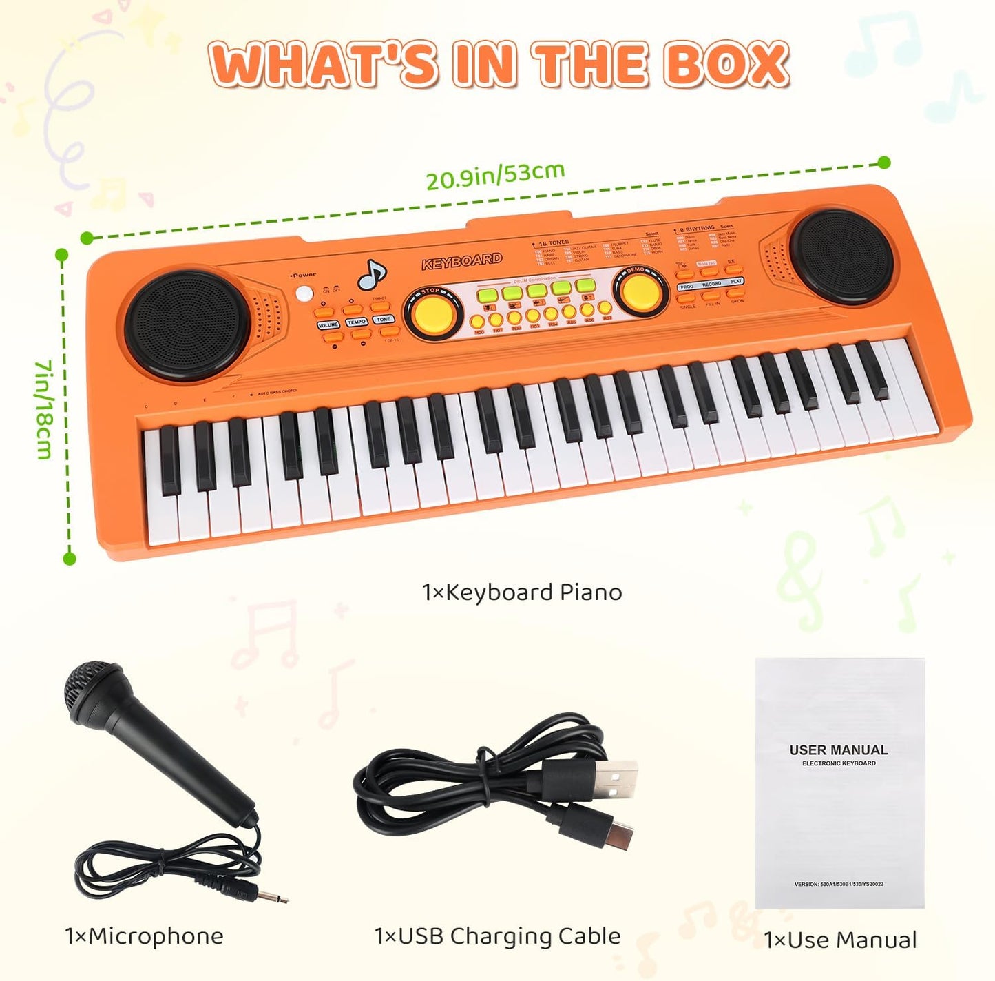Kids Piano Keyboard Toy with Mic – 49 Keys Portable Electronic Piano for 3 4 5 6 7 Girls Boys Beginners Birthday Xmas Gifts, Orange