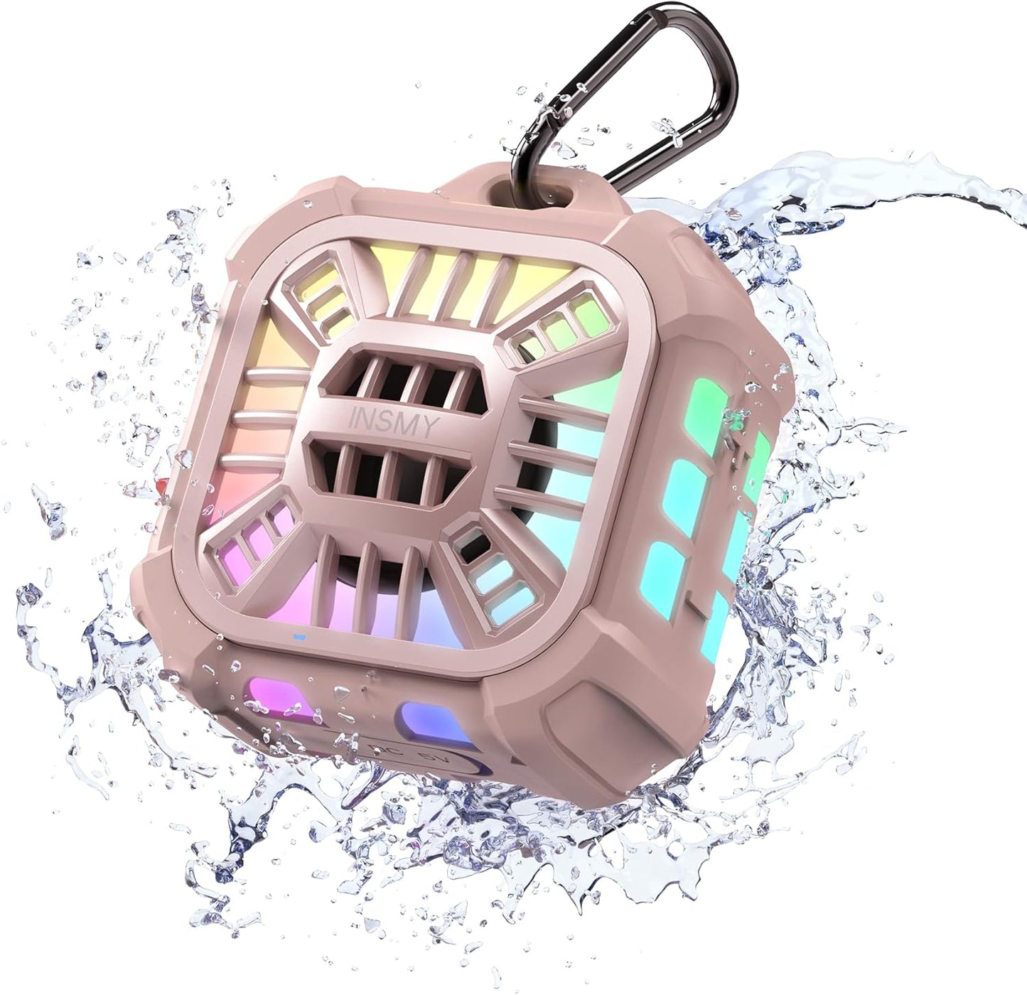 INSMY IP67 Waterproof Bluetooth Speaker, Shower Speaker Portable Small Clip-on, Multi Sync 100+ Speakers, Big Volume Booming Bass, 24H Playtime/Floatable/RGB Lights for Outdoor/Kayak/Beach(Pink)
