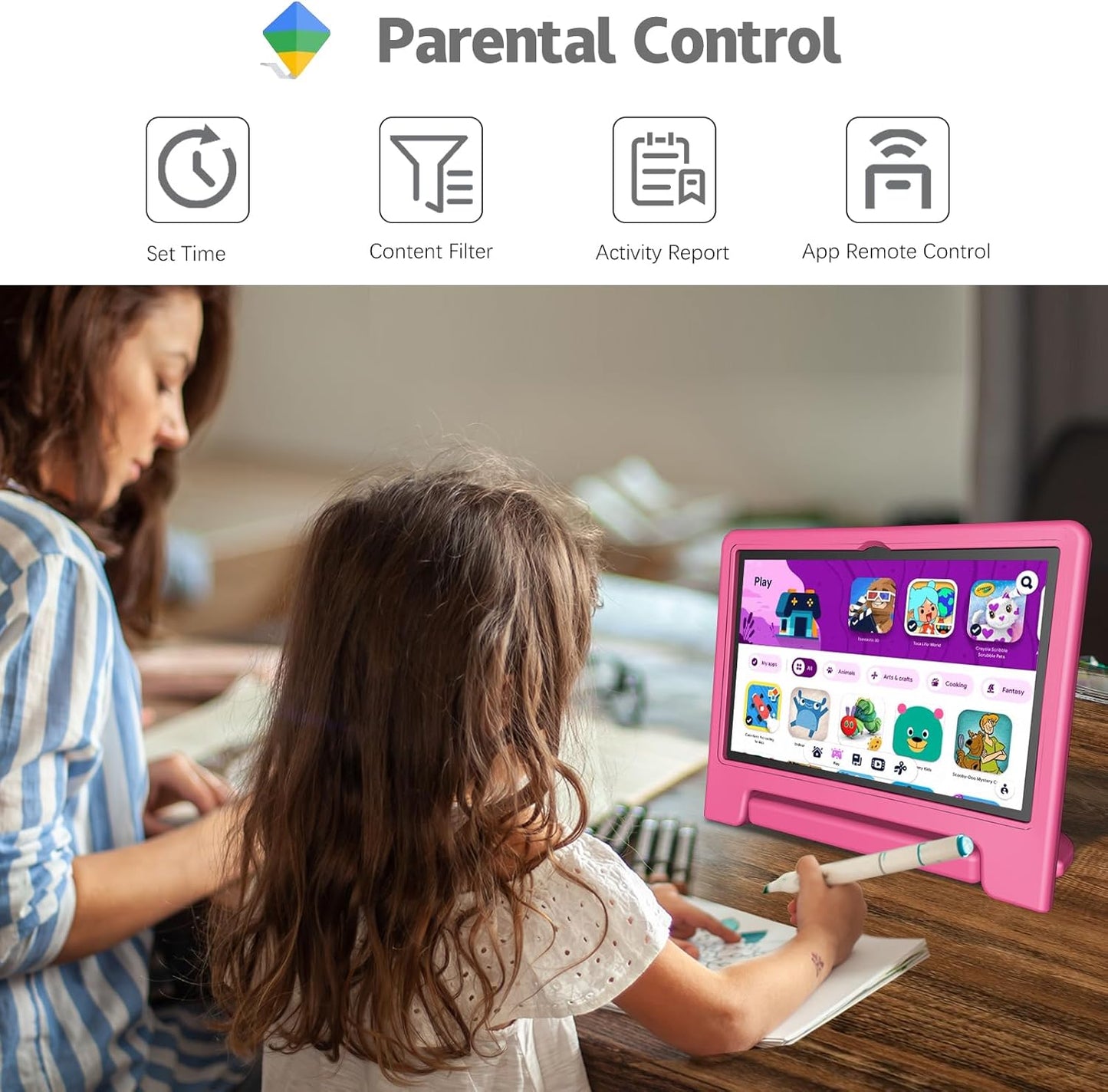 Kids Tablet, 10.1 Inch Tablet for Kids Android 14, 64GB Octa-Core, WiFi, Big Battery, Kids Space, Parental Control 1280 * 800 HD Display Children Tablets Pink